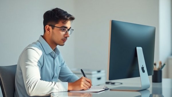 Thoughtful man addressing digital burnout solutions at a desk.