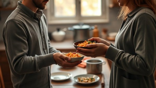 Hands exchanging a bowl of food, showing gratitude practices in a warm kitchen.