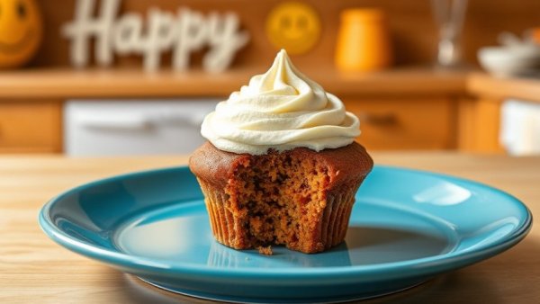 Half-eaten cupcake on a blue plate next to happy text.