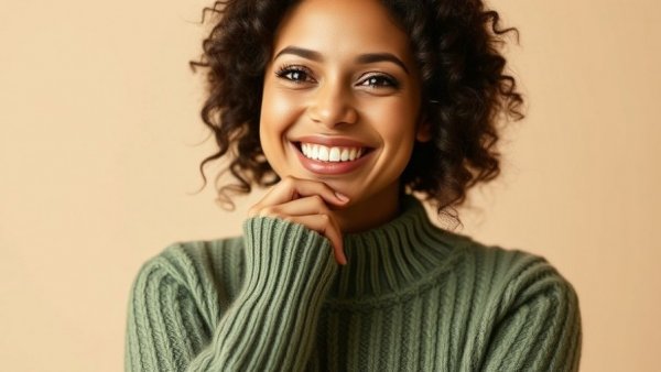 Joyful woman in green sweater, perfect for unique gifts for your girlfriend or wife.