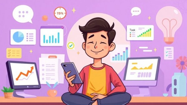 Cartoon of person practicing mindfulness in a colorful workspace