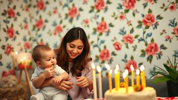 Warm family celebration, woman with baby blowing out candles.