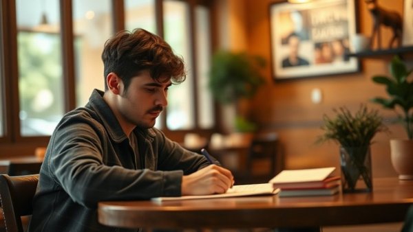 Young man enjoying the benefits of writing by hand in a cozy cafe.