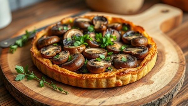 Mushroom Tart for Weight Loss with fresh herbs on wooden board.