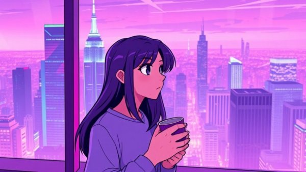 Contemplative young person gazing out a window at night, vibrant cityscape backdrop.