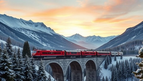 Red train crossing snowy viaduct in mountains at sunset, modern lifestyle tips.