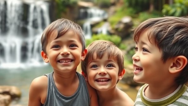 Young boys exploring nature by a waterfall for family travel tips.