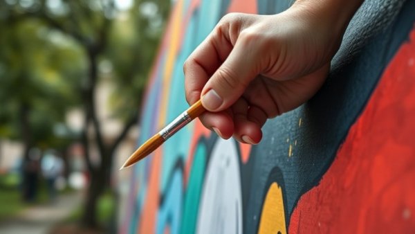 Close-up of mural painting outdoors, creative focus, intention.