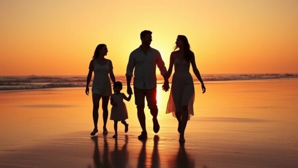 Family practicing gratitude on a sunset beach walk.