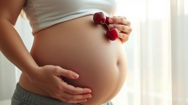 Pregnant woman with cherries resting on her belly, last meal before childbirth.