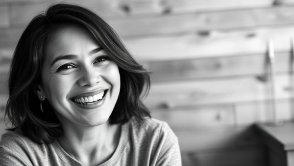 Candid grayscale portrait of smiling woman, small good things in your life.