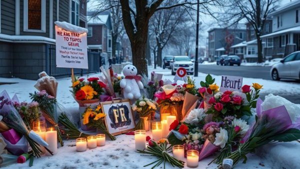 Heartfelt community support in Minneapolis with a memorial of flowers and candles.