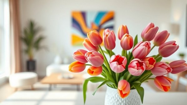 Modern lifestyle decor featuring tulips in a bright room.