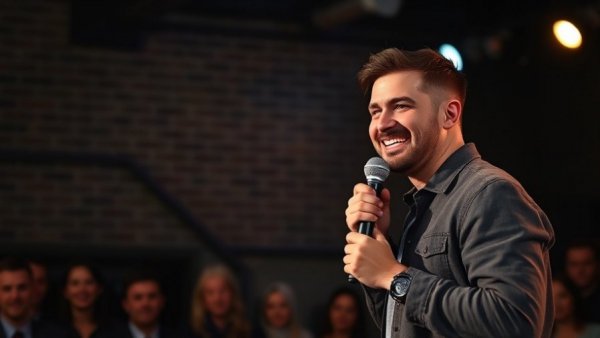 Young man delivering comedy routine, showcasing healthy lifestyle changes through positive expression.