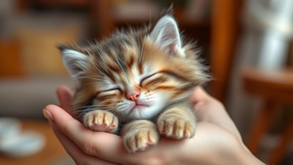 Fluffy kitten being held, cozy weekend activities, warm home setting.