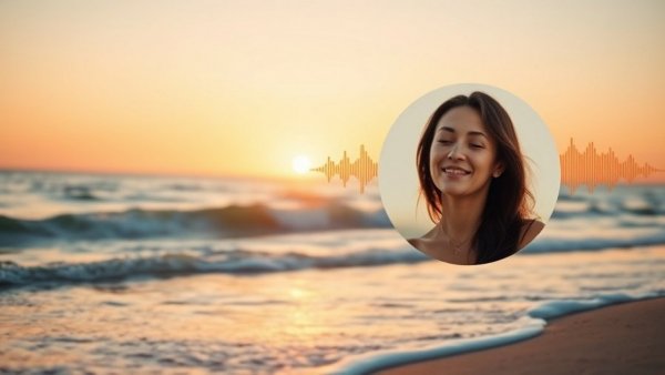Mindfulness for Anger Management guide with peaceful beach, audio waves, and smiling woman.