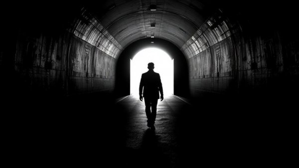 Silhouette walking towards light in tunnel, symbolizing hope.
