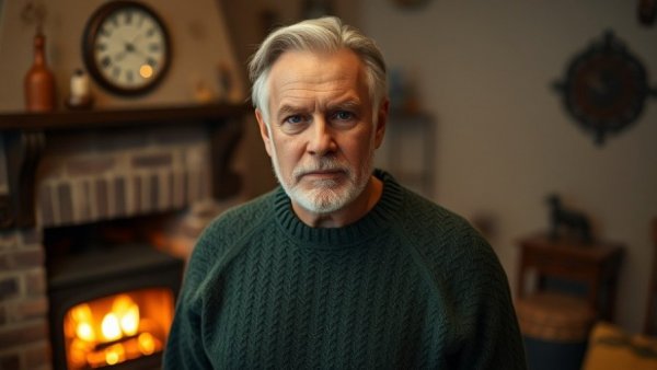 Portrait of man in cozy sweater by fireplace in winter.