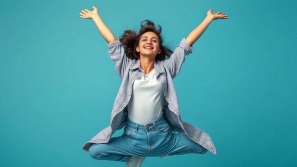 Dynamic capture of a young woman floating mid-air against a blue background.