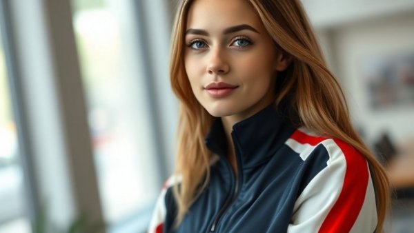 Young woman wearing fashionable track jacket showcasing latest trend