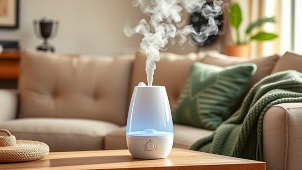 Humidifiers help ease winter dry skin with modern white humidifier in cozy room.
