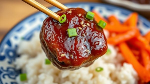 Bulgogi meatballs recipe on a decorative plate with rice and kimchi.