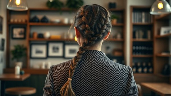 Woman with a braided hairstyle in a cozy cafe, warm setting.