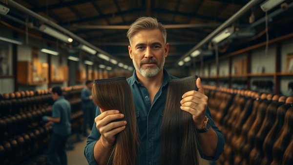 Man in workshop holding hair extensions, hair loss treatment.