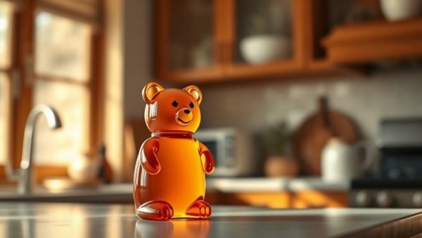 Honey bear bottle as a natural cough remedy with honey in a cozy kitchen.