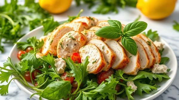 Fresh rotisserie chicken salad on arugula with basil garnish