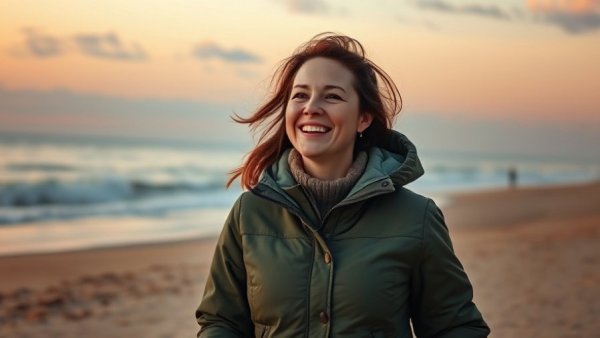 Serene beach walk at sunset with a smiling woman in a green jacket.