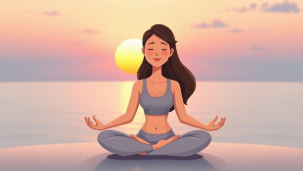 Beginner yoga pose illustration on a serene pastel background.