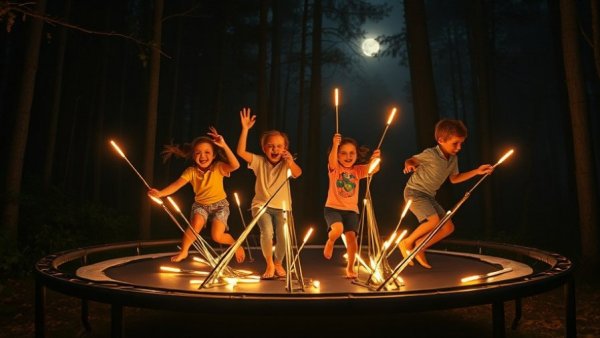 Children having fun with glow sticks on a trampoline, modern lifestyle tips.