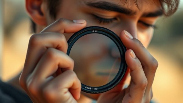 Person in mindful contemplation holding lens filter, soft focus.