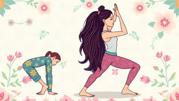 Illustration of two females deepening their yoga practice in a serene setting.