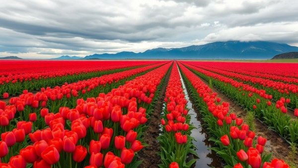 Vibrant tulip field stretching towards mountains.