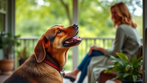 Charming brown dog with playful head tilt on porch facing a woman.
