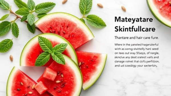Watermelon slices and mint leaves on marble highlight skincare and hair benefits.