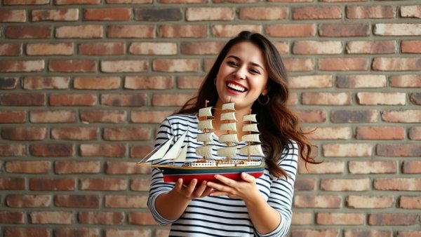 Woman holding ship model smiling, improving lifestyle outdoors.