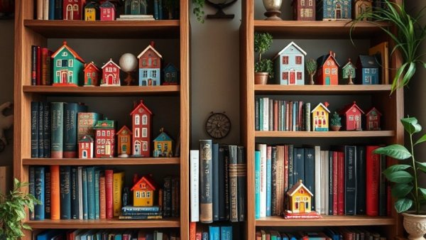 Colorful decorative bookshelves adorned with home jollifiers.