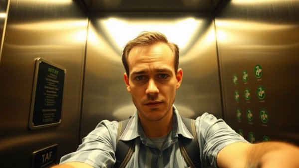 Person managing irrational fear in an elevator with a suitcase.