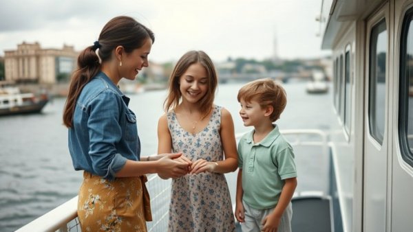 Vintage Mother's Day scene: mother with children on boat deck