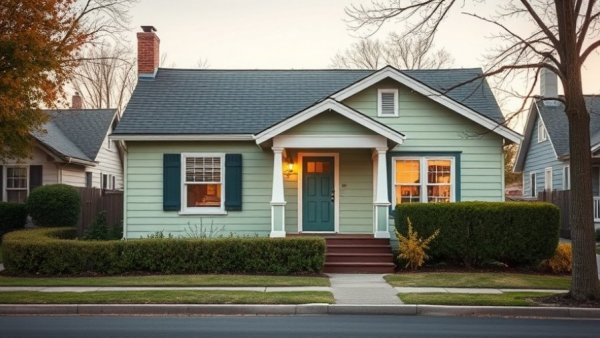 Pastel green house on suburban street in evening light, capturing unexpected friendships in new neighborhoods.