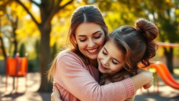 Understanding Autism Diagnosis: Mother and daughter hugging in sunny playground.