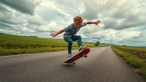 Only child demonstrating a healthy lifestyle through skateboarding on an open road.