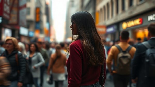 Woman standing calmly in a busy crowd, illustrating tiny shifts for emotional wellness.