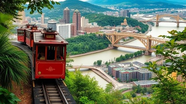 Scenic view of Pittsburgh with red cable car illustrating healthy lifestyle changes.