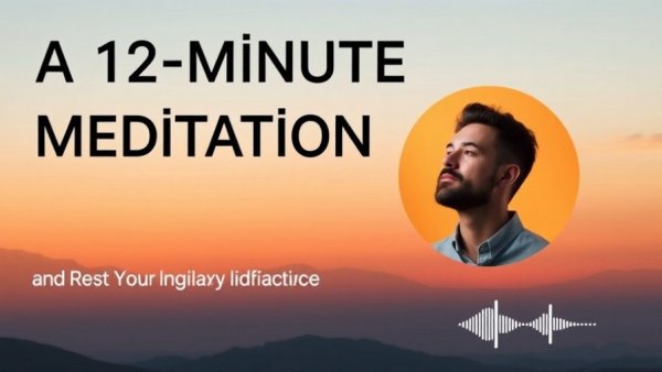 Advertisement for a 12-minute gratitude meditation session with serene background.