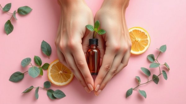 Woman's hands with natural remedies for nail care, featuring lemon, eucalyptus, and essential oils.