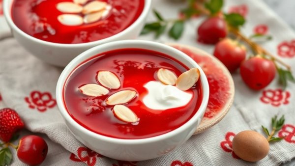 Danish red fruit soup served with almonds and cream on a patterned tablecloth.